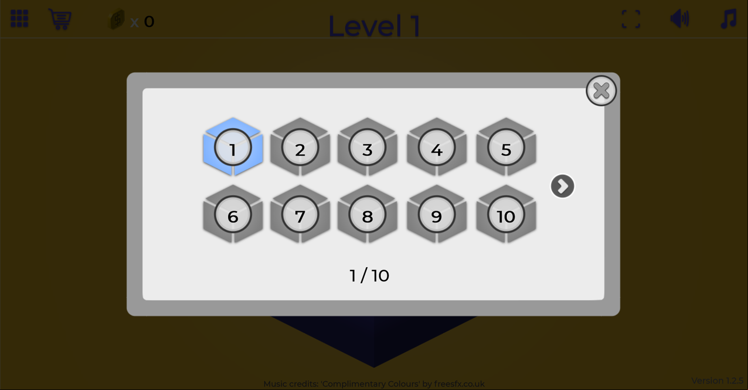 3D Cubes Game Level Select Screenshot.