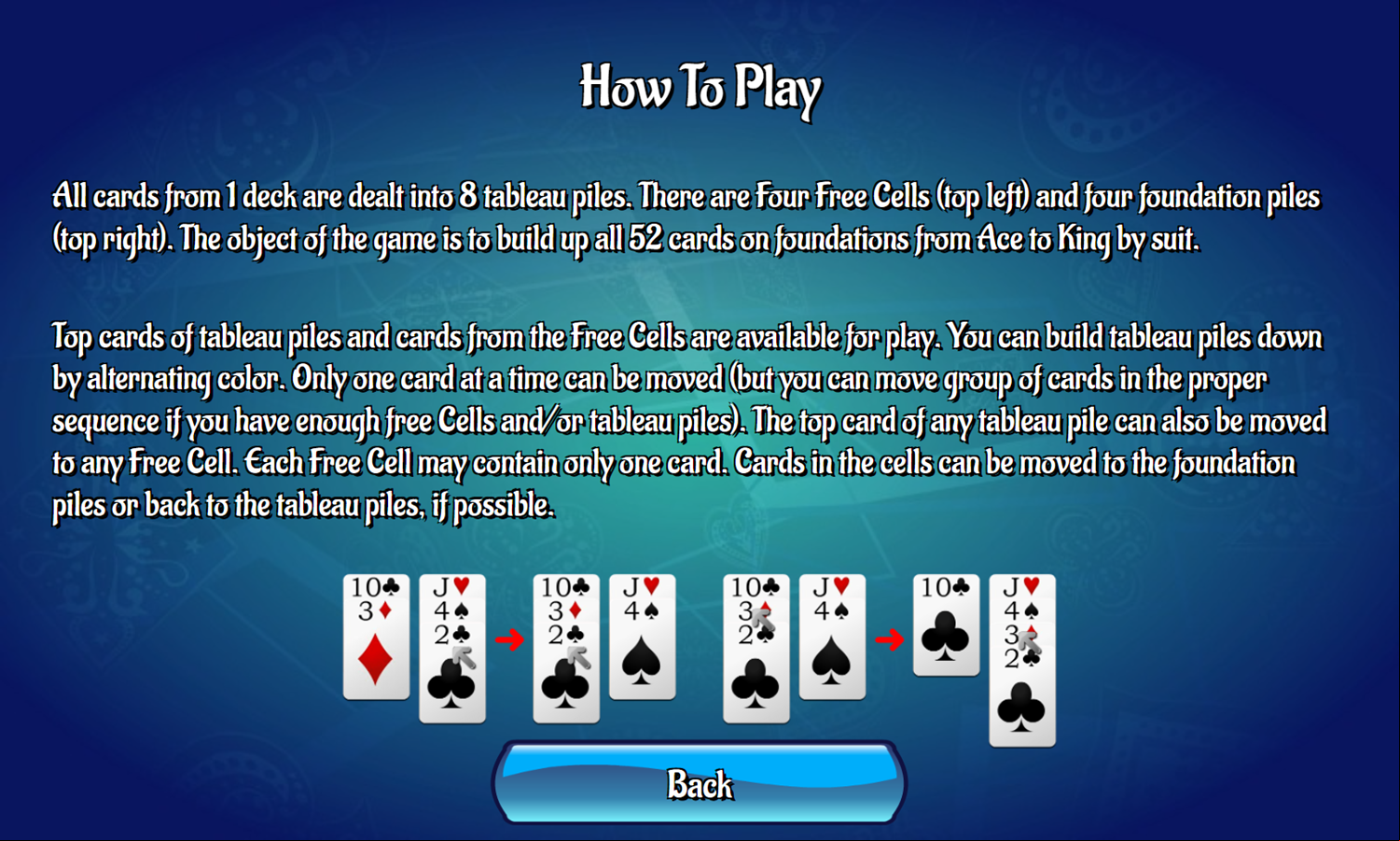 Classic Freecell Solitaire Game How To Play Screenshot.