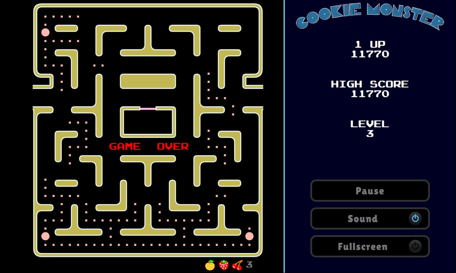 Cookie Monster Game Over Screenshot.