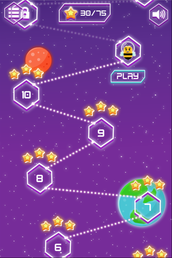 Cosmic Bee Game Level Select Screen Screenshot.