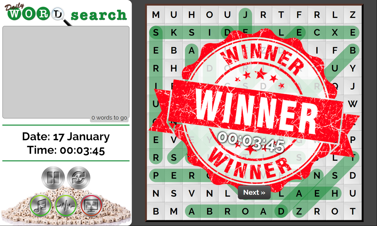 Daily Word Search Game Complete Screenshot.
