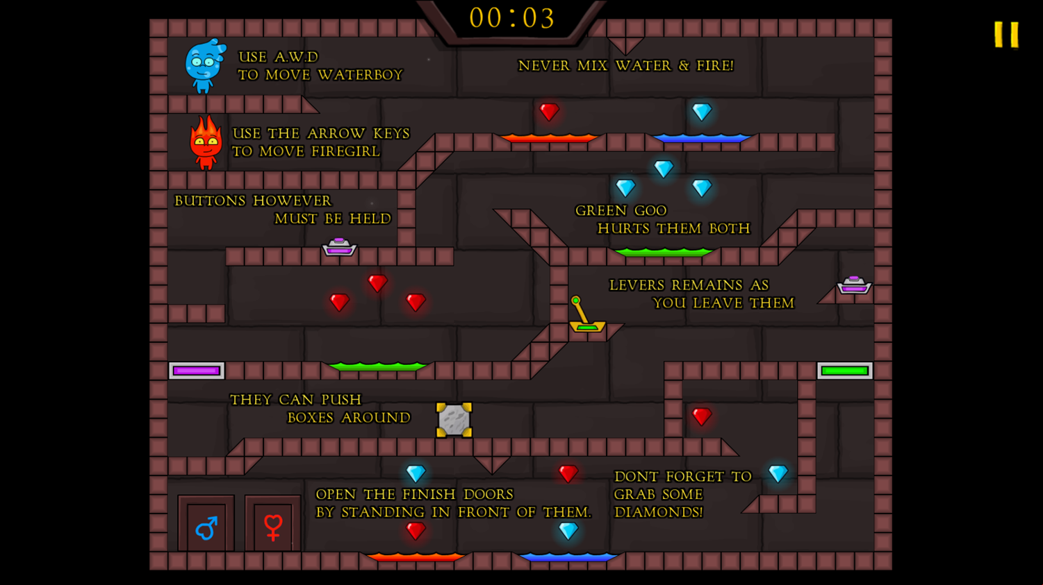Firegirl and Waterboy in the Forest Temple Game How to Play Screen Screenshot.