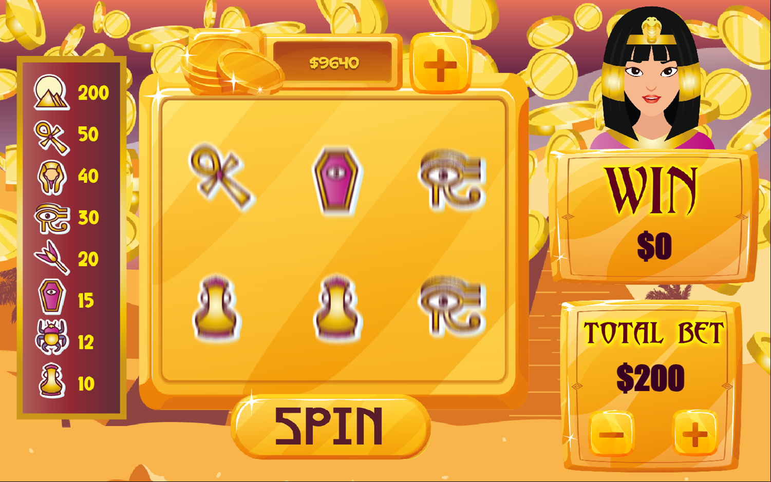 Fortune Cleopatra Slots Game Spin Simulation Screenshot.