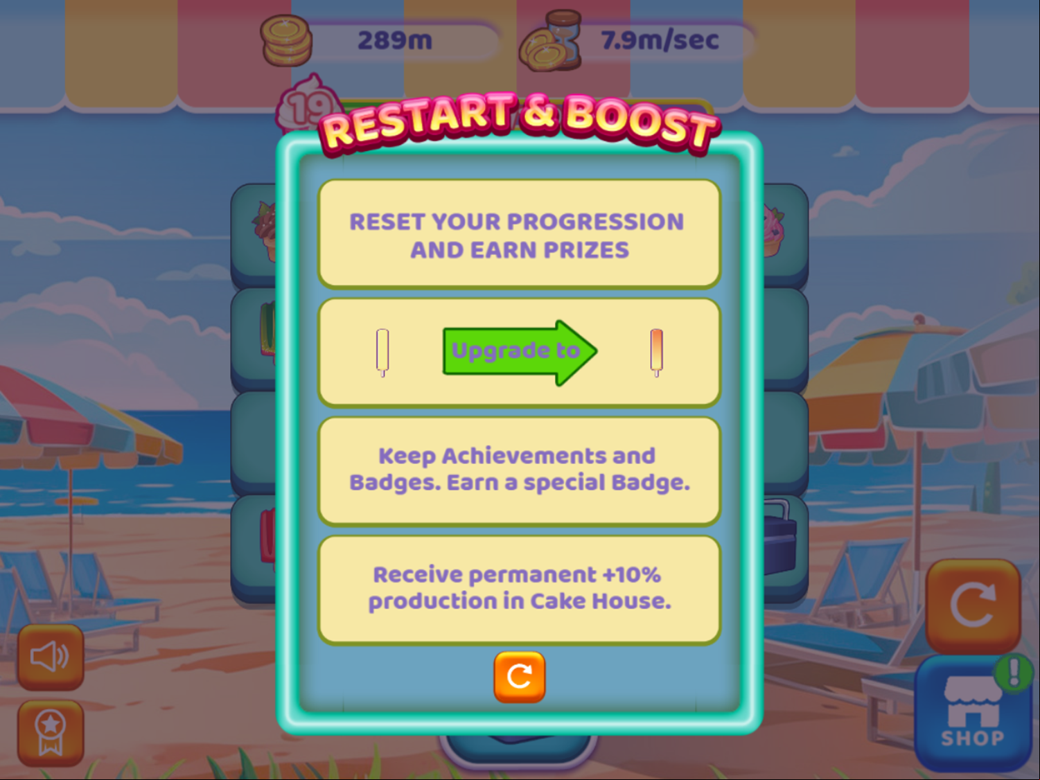 Ice Cream Merge Game Restart and Boost Screen Screenshot.