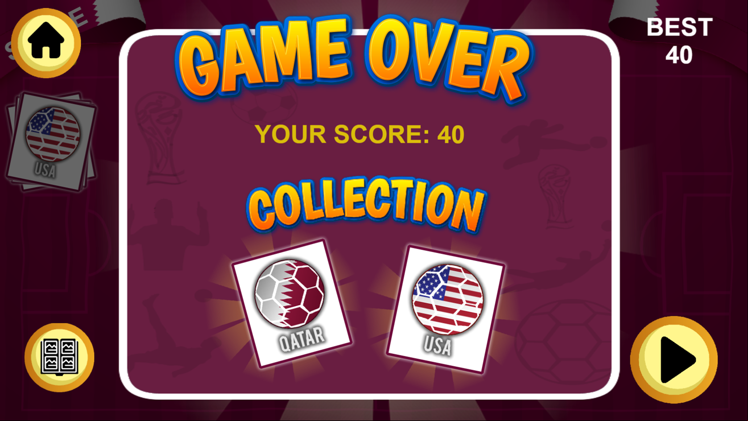 Memory World Cup Game Over Screenshot.