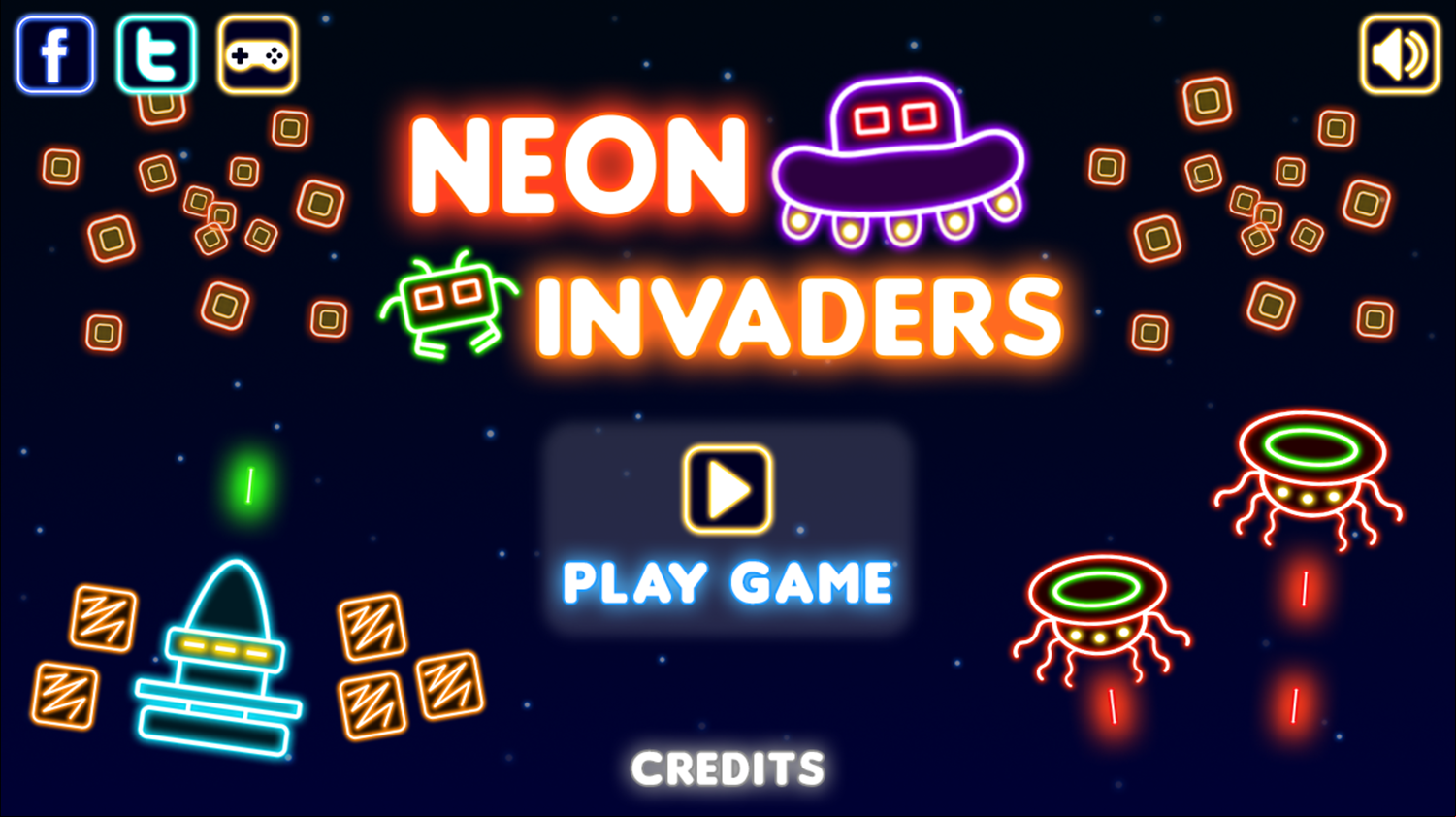 Neon Invaders Game Welcome Screenshot.