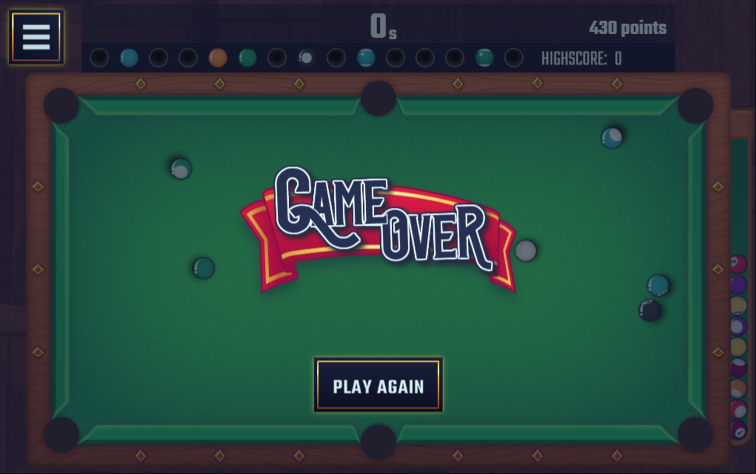 Pool Club Game Over Screenshot.