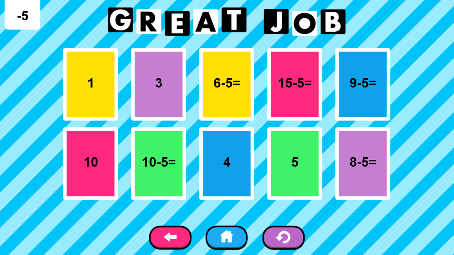 Subtract Memory Game Great Job Screenshot.