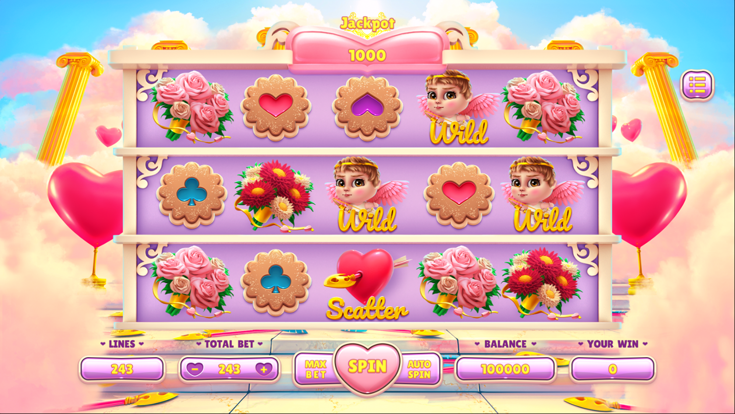 Valentine's Day Slots Game Welcome Screen Screenshot.